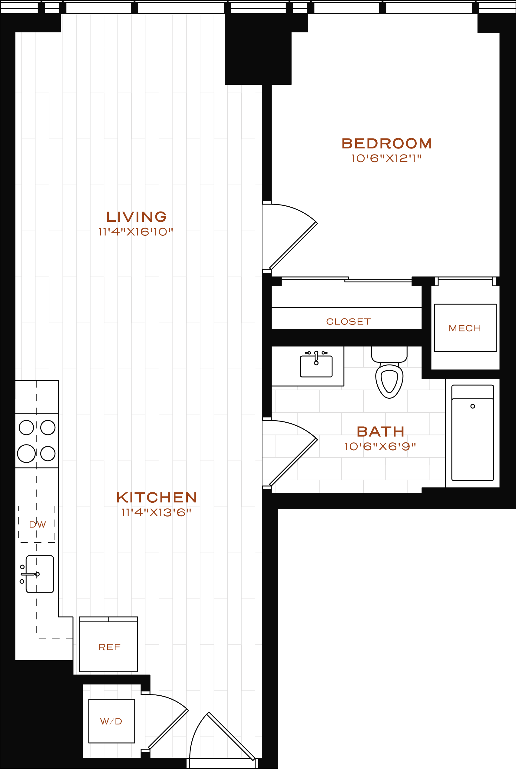 Rendering of the 1 Bed-1 Bath-T-12 Floor Plan